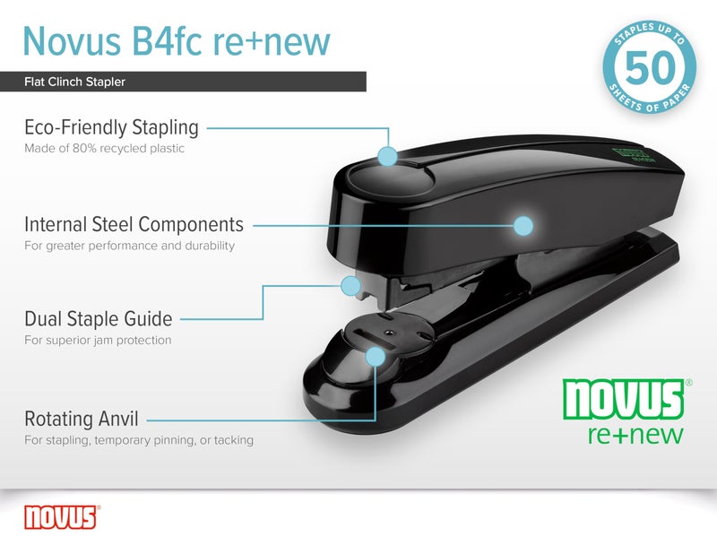 NOVUS دباسة نوفوس B4fc re+New مسطحة، سعة 50 ورقة، مصنوعة من 80% بلاستيك معاد تدويره، هندسة ألمانية، دبوس|دباسة|مسمار، ضمان 25 سنة، سوداء re+New إصدار خاص (020-1933) - Image 5